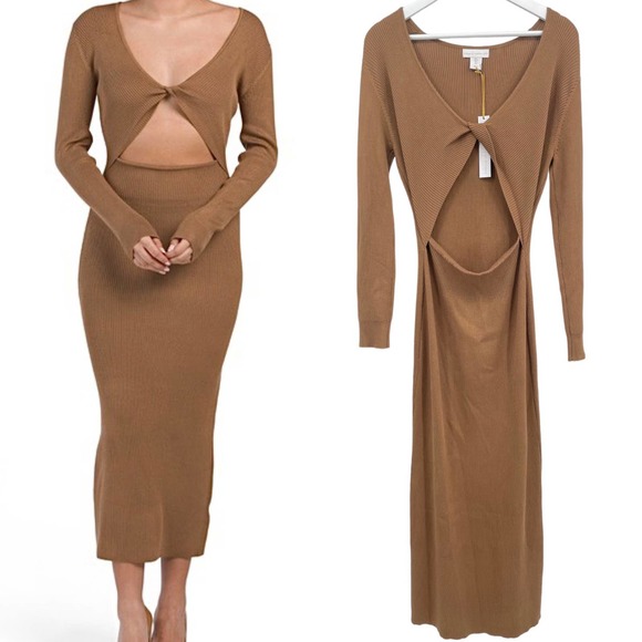 House of Harlow 1960 Long Sleeve Twist Front Ribbed Fitted Midi Dress Size Large - Picture 3 of 12
